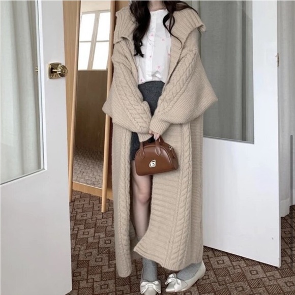 136. LAST RESTOCK! Tan Maxi Duster Cardigan Coat Oversized Chunky Long Cable Rib - Picture 4 of 7